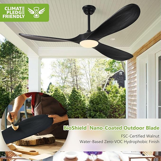Haipeel 72 Inch Wood Ceiling Fans with Lights and Remote Control, Outdoor Ceiling Fan with Light Solid Wood Modern Black Large Ceiling Fans Propeller Indoor Patios Garage Bedroom High cfm, Matte Black