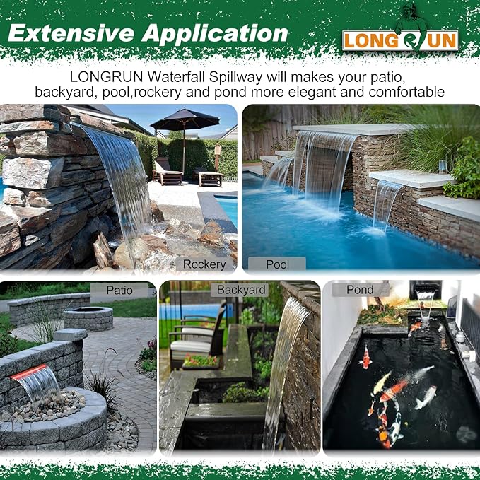 LONGRUN Waterfall Spillway, APP Control Multi-Color LED Light Outdoor Pool Fountain, Acrylic Water Spillway Koi Pond Waterfalls Fountains Kit for Garden Patio Swimming Pool Decoration-35.4"