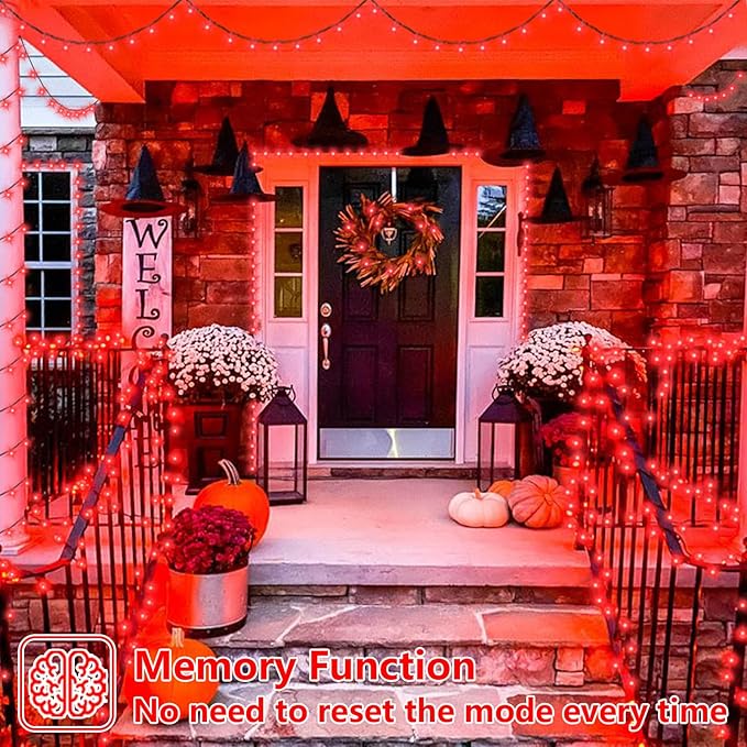 YEGUO 66ft 200 LED Red Halloween Lights Outdoor Waterproof, Green Wire Christmas String Lights Indoor, 8 Modes Twinkle Tree Light Plug in with Timer Memory