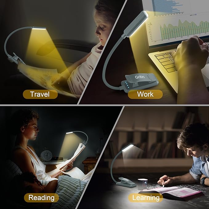 Gritin 9 LED Rechargeable Book Light for Reading in Bed - Eye Caring 3 Color Temperatures,Stepless Dimming Brightness,80 Hrs Runtime Small Lightweight Clip On Book Reading Light-Pacific Blue