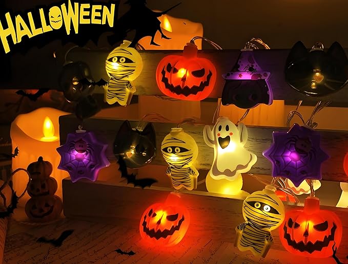 Halloween String Lights with Battery-Powered Decoration Featuring Mummies, Ghosts, Spiders,Witch, Skeletons, Witches, Black Cats-Cute Indoor Party Ornaments for Festive Decoration.（8 Elements）