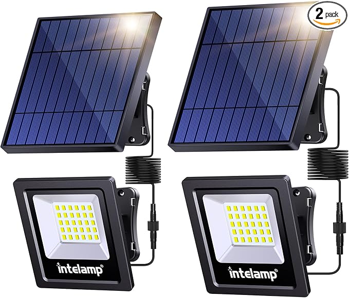 intelamp 4400mAh Solar Flood Lights, 2 Pack Outdoor Solar Security Light Dusk to Dawn Auto On/Off IP65 Waterproof Solar Powered Lights for Porch, Balcony, Yard, Garage, Barn, Garden