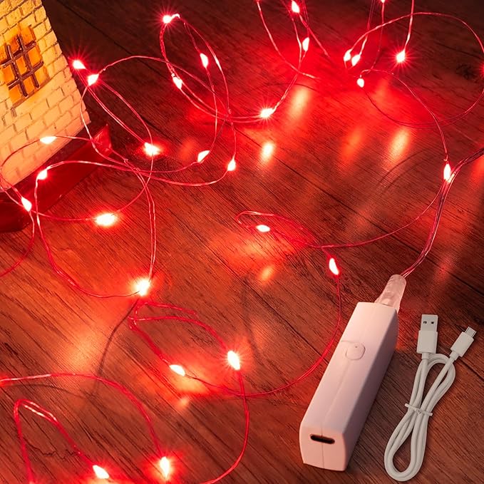 Lakumu Red Fairy Lights Battery Operated, Rechargeable LED String Lights with Timer, Mini Twinkle Lights for Bedroom, Christmas, Wedding, Centerpiece Table Decor (5M/16FT Red)
