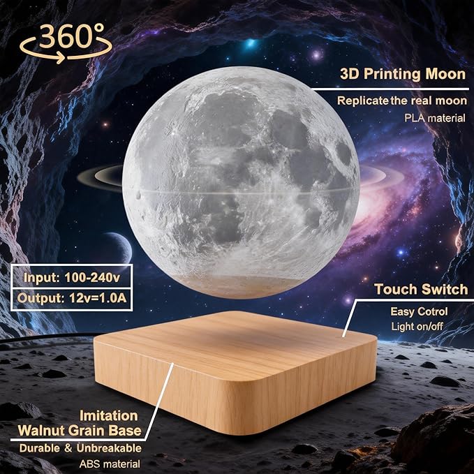 Levitating Moon Lamp, Floating Magnetic LED Moon Light Night Light with 3 Color Dimmable Touch Control Levitating Desk Decor Unique Lamps for Kids,Office, Living Room (Light Brown)