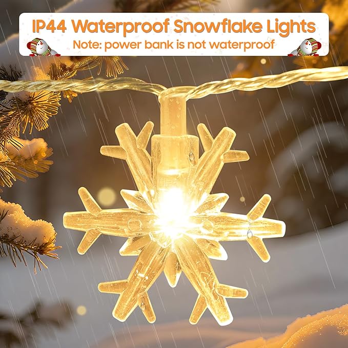 Christmas Lights, 20FT 40 LED Snowflake Fairy Lights Battery Operated Indoor, Rechargeable String Lights, Mini Twinkle Lights with 8 Modes & Timer for Bedroom Party Xmas Tree Decorations Warm White