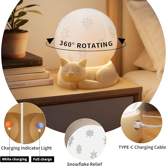 Bedside Table Lamp for Bedroom - Touch Control Rotating Cat Lamp with 3 Color Temperature, Rechargeable Battery Operated Cordless Lamp for Nightstand, Nursery, Kids Room