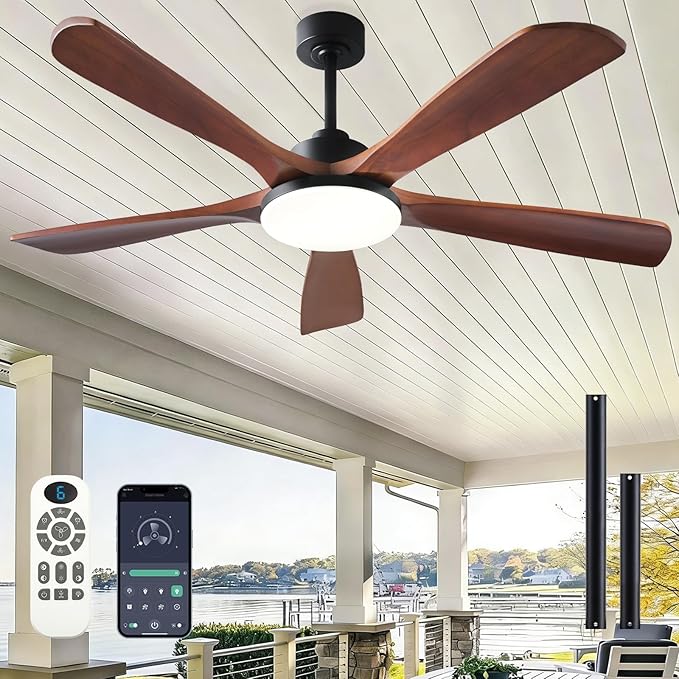 Ceiling Fans with Lights and Remote Control, 5 Solid Wood Blades, 3CCT Dimmable, Quiet DC Motor, 56 Inch Modern Outdoor Ceiling Fans for Bedroom Farmhouse Patios
