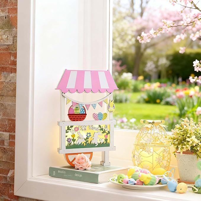 Valery Madelyn Easter Decorations, Easter Decor with LED Light, Lighted Egg Hunt Booth Decor for Table, Wooden Bunny Decorations for Home Decor Shelf Tiered Tray Living Room, 7.5 inch