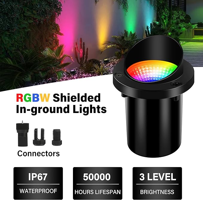 4 Pack Low Voltage Christmas Outdoor Landscape Lighting, RGBW Shielded Well Lights,Color Changing IP67 Waterproof Paver Light Pathway Light,LED Outdoor In-Ground Lights for Garden Yard Fence Deck