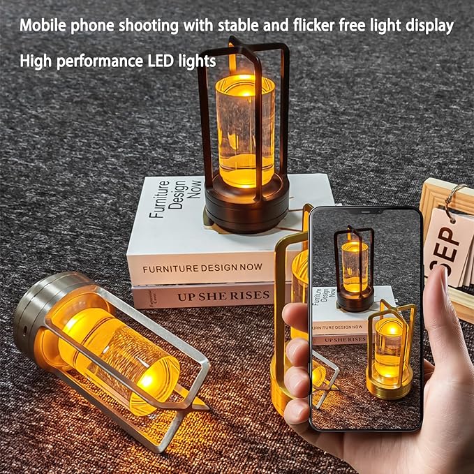 Cordless Table lamp Rechargeable Portable Metal Touch Small Desk Lamp,Indoor/Outdoor Battery Operated LED Night Light,3Color Stepless Dimming Crystal Lantern Suitable bedrooms,Bars,cafes,Camping,Black