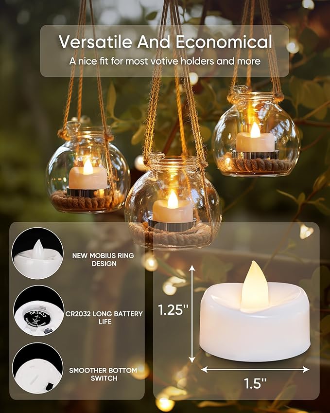 LED Candles, Tea Lights Candles Battery Operated Bulk, 50-Pack Long-Lasting 200 Hours Flameless Tealight Candles, Realistic Tea Lights for Christmas Halloween Wedding, 1.5'' D X 1.25'' H