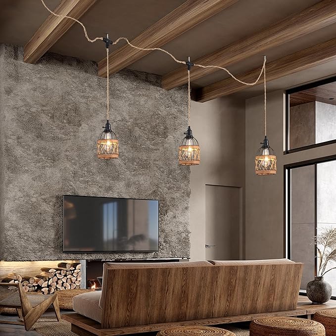 3 Light Hemp Rope Plug in Pendant Light Rattan Hanging Lights with Plug in Cord with Woven Lamp Shade, Plug in Cord Hemp Rope Hanging Lamp