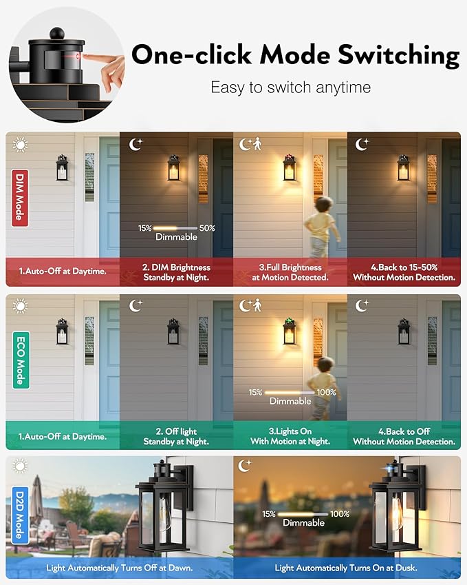 VIANIS Motion Sensor Porch Light, Black Outdoor House Lights Dusk to Dawn, Waterproof Outdoor Light Fixtures Lantern for Garage, Porch, House, Patio, Doorway,Weather Resistant,Hardwired, Non-Solar