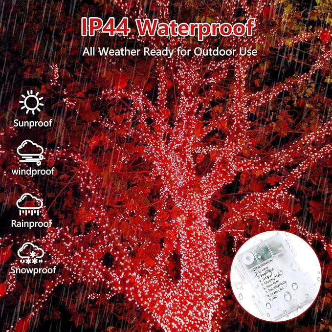 2 Pack Christmas String Lights Battery Operated with Timer, 66FT 200 LED Waterproof Twinkle Lights, 8 Modes Fairy Light for Indoor and Outdoor Bedroom Garland Tree Christmas Decorations (Red)