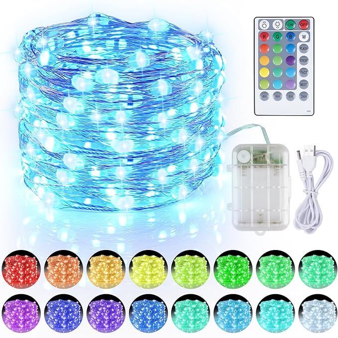 33ft Fairy Lights Battery Operated, 16 Color Changing String Light with Remote Timer, RGB Waterproof Twinkle Lights for Indoor Outdoor Room Garden Yard Gift Party Christmas Décor