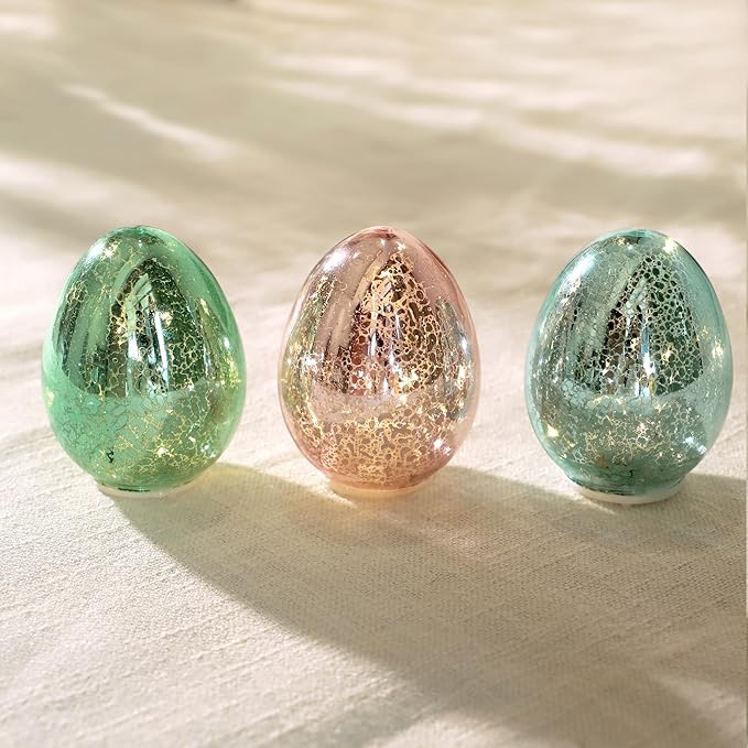 Easter Eggs Decoration Handcrafted Glass Egg Light for Nursery Egg Night Light Battery Operated Ideal Easter Table Decorations (Set of 3)