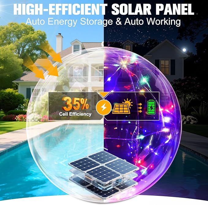 Solar Floating Pool Lights, 14 Inch Colorful Solar Pool Light Balls, Floating Glow Globe IP68 Waterproof, Inflatable Solar Lights up Balls for Swimming Pool Pond Outdoor Decor -1PC