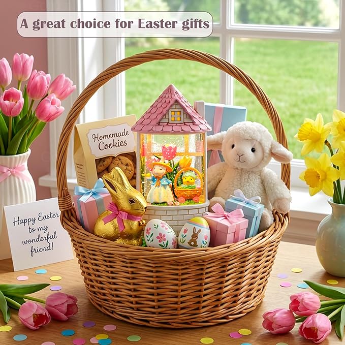 Easter Snow Globe Lantern Bunny Easter Decorations for Home with Timer Swirling Glitter, Lighted Indoor Decor Gifts with Basket Eggs Chicken, USB or Battery Operated