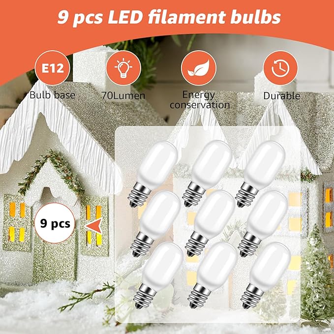 9PCS Christmas Village Replacement Light Bulbs-T20 Replacement Led Light Bulb,E12 Candelabra Base 0.7W 120V LED for Village Houses,Christmas Tree,Dept 56,Halloween Pumpkin Decor Accessories