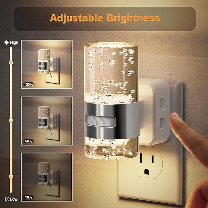 JandCase Motion Sensor Night Light, Dimmable Night Lights Plug Into Wall, 3000k Soft White Night-Lights with 0-100Lm Adjustable Brightness, Acrylic Plug in Nightlight for Bedroom Bathroom Decor