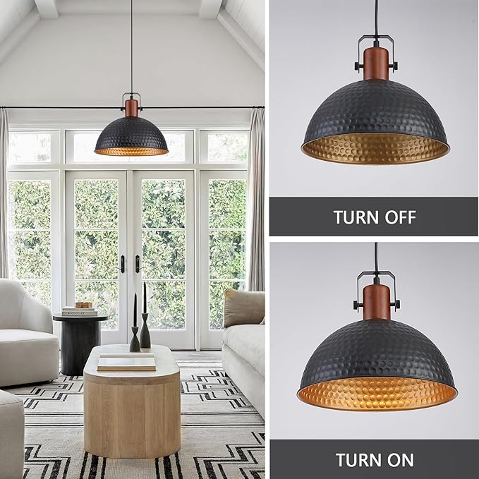 12 Inch Black Pendant Lights Hammered Matte Pendant Lights for Kitchen Island Industrial Farmhouse Adjustable Height Dome Hanging Light Fixtures for Barn, Dining Room 2 Packs