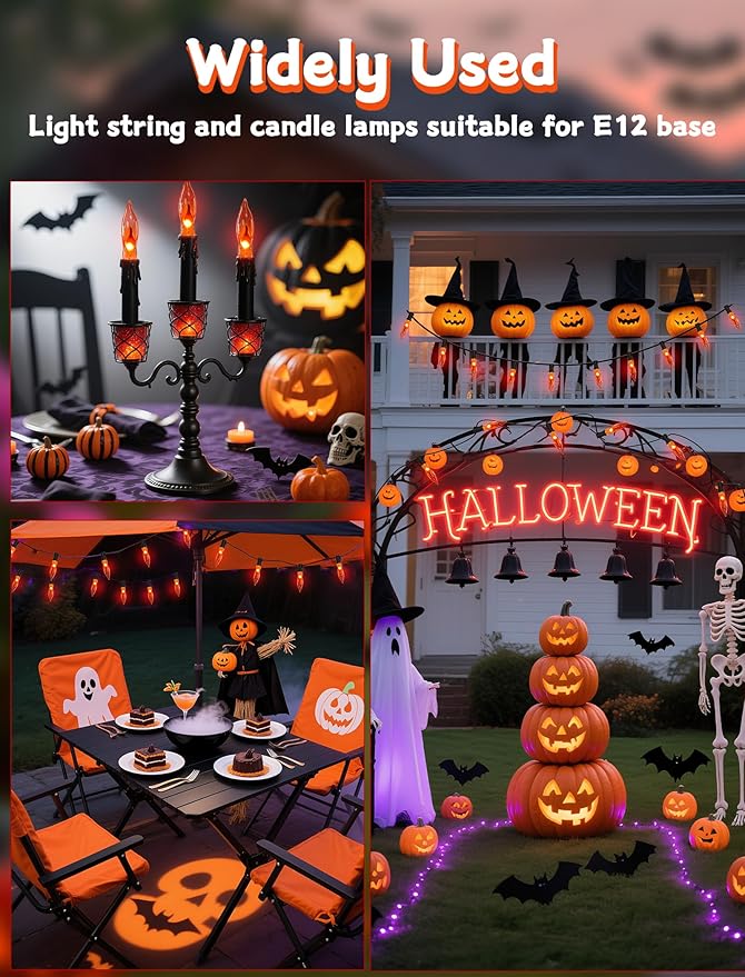 Orange Flickering Flame Light Bulbs with E12 Base, 12 Pack C18 Halloween Light 1W, Candelabra Night Light Bulbs for Halloween String Light,Electric Window Candle Light,Halloween Chandelier