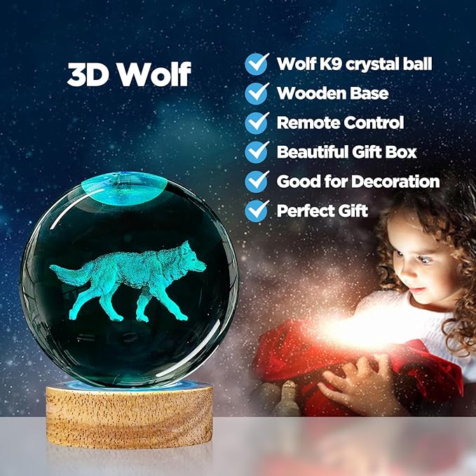 3D Wolf Crystal Ball Night Light,3.15in k9 Crystal Ball Lamp with 16 Colors Change,Wooden Base and Remote Control Wolf Figurine Statue Gifts for Kids