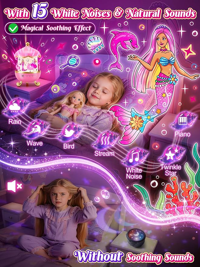 One Fire Princess Toys, 18 Films Girls Night Light Projector, 15 Soothing Sounds Baby Sound Machine, 360° Rotating Girls Bedroom Decor, Birthday Gifts for Girl, Princess Toys for Girl 4-6
