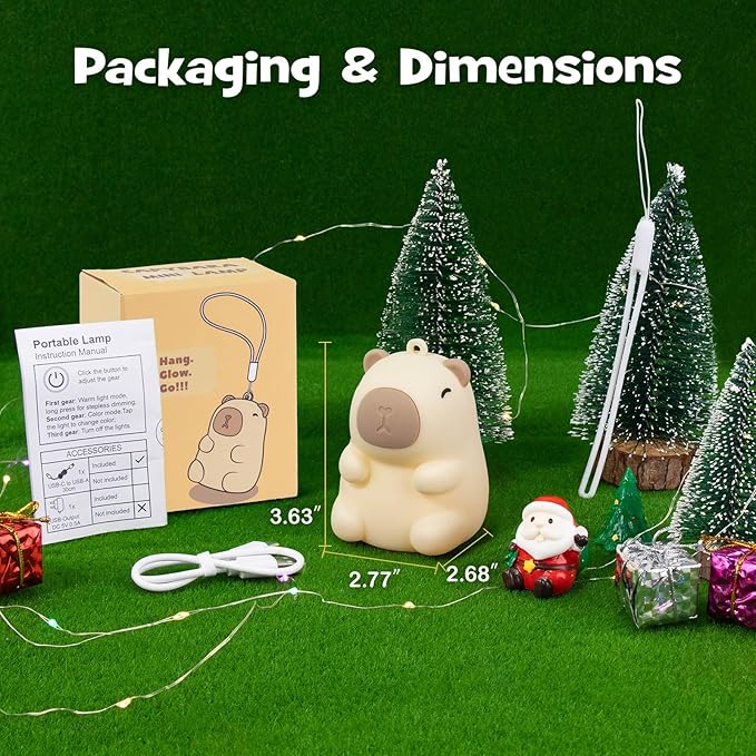 Squishy Christmas Capybara Night Light with RGB Modes Dimmable Nursery Breastfeeding Nightlight Hangable Cute Novelty Animal Lamp Rechargeable Silicone Touch Bedside Lamp for Bedroom Dorm Decor