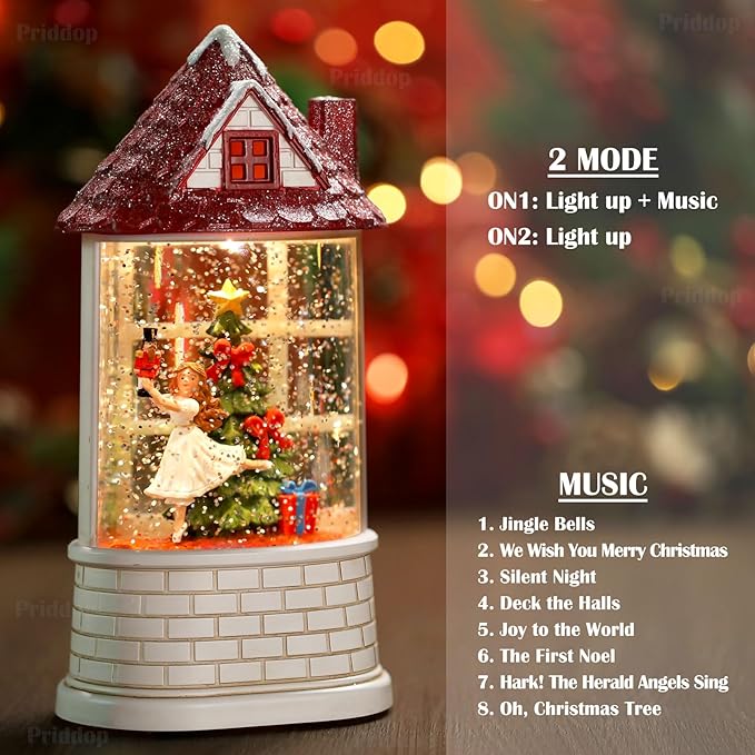 Nutcracker Ballerina Snow Globe Christmas Snow Globe with Clara and Nutcracker Ballet in Castle, Musical Tabletop Christmas Decorations Decor with Swirling Glitter, USB or Battery Powered