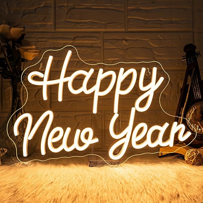 Ineonlife Happy New Year Neon Sign Dimmable Neon Signs For Wall Decor Led Lights For Bar Man Cave Club New Year Party Bedroom Hoom Showcase Shop Decor Gifts USB Powered 16.54x10.83in