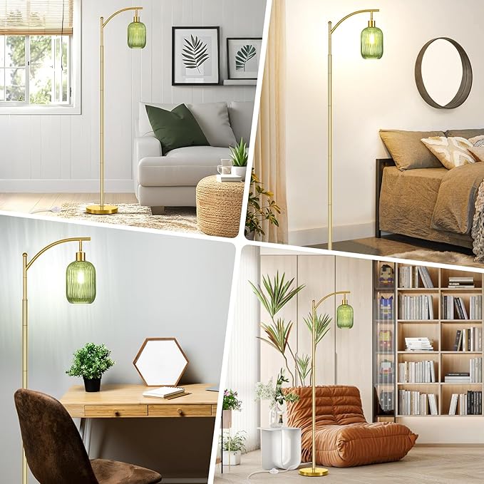 Gold Floor Lamp for Living Room with Remote Control,Unique Vintage Standing Tall Lamp,Mid Century Modern Floor Lamps Arc Green Glass Floor Lamps for Office Corner
