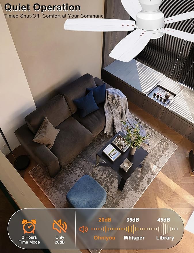Ohniyou Ceiling Fans with Lights, 42'' Low Profile Ceiling Fan with Light and Remote/APP Control, Modern Flush Mount Ceiling Fan for Indoor Bedroom Kitchen, Dimmable, Qiuet DC Motor, White