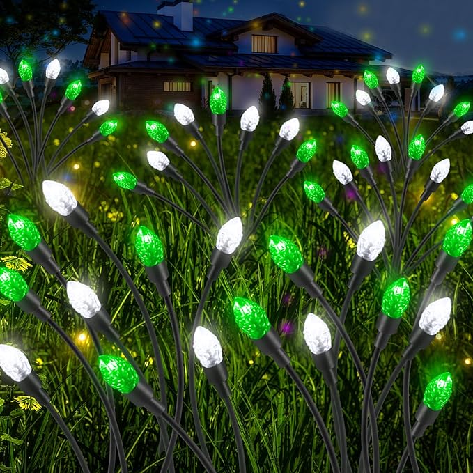 4 Pcs St Patricks Day Outdoor Decorations Solar Lights Waterproof Green 48 LED Swaying Pathway Firefly Stake Lights for Outside Yard Garden Lawn Decorations(Green White,Pine Cone)