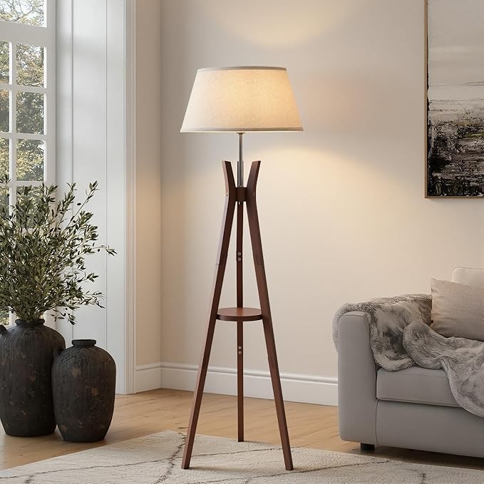 Floor Lamp with Shelf Table, Mid-Century Modern Corner Floor Lamp with Beige Linen Shade, Tall Standing Lamp with Bamboo Tripod Frame, E26 Base for Living Room Bedroom Office
