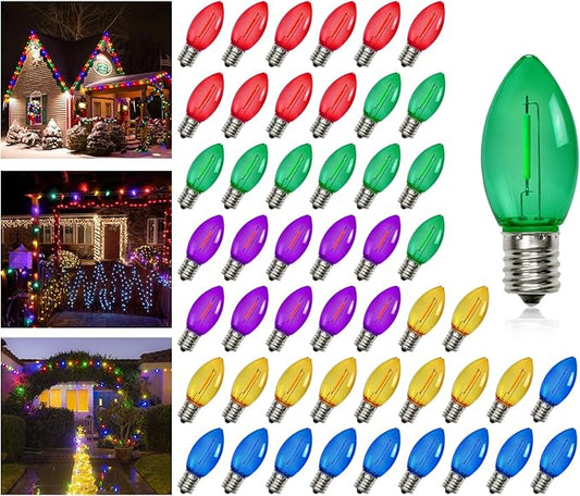 KGC C9 LED Replacement Christmas Lights Bulbs-0.6W Equivalent to 7W, C9 Shatterproof & Waterproof Plastic LED Bulbs, E17 Screw for Indoor Outdoor Patio String Lights - Multicolor 50 Pack