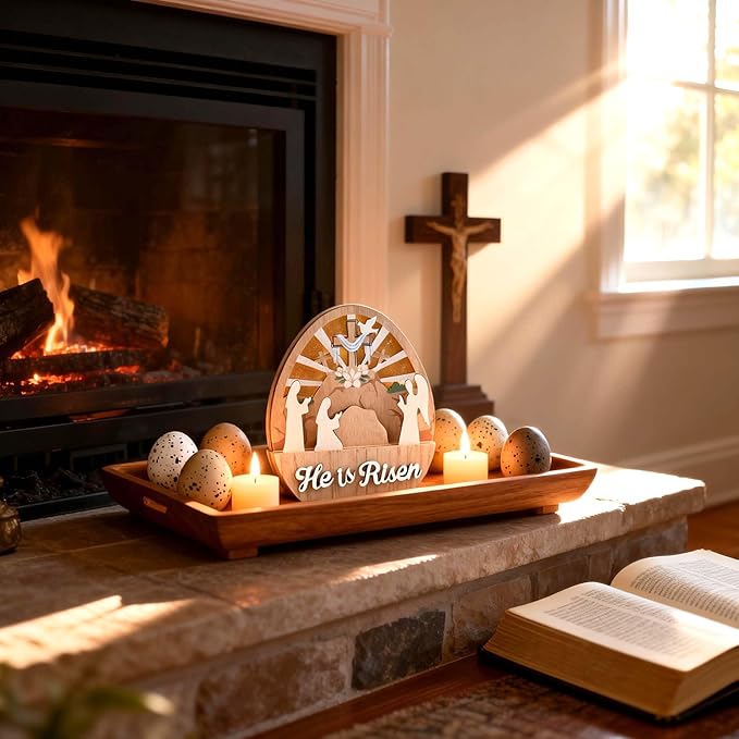 Valery Madelyn Easter Decorations with LED Light, Lighted Empty Tomb Scene and Cross Decoration, Wooden Christian Easter Decor Resurrection Scene for Home Table Shelf, 6.3 inch