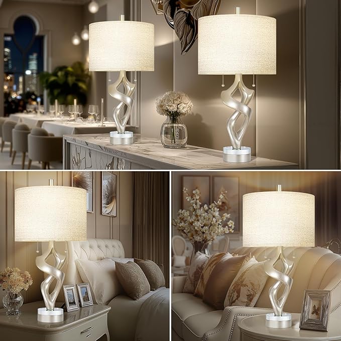 Scenekoy Sculptural Resin Table Lamp Set of 2 with USB Ports for Bedroom Living Room, 26” Antique Silver Leaf Dual Pull Chains Bedside Lamps, Nightstand Lamp for Home Room Decor (Bulbs Included)