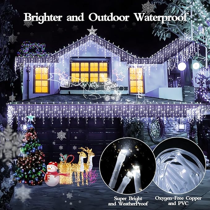 480 LED 49FT Christmas Lights Plug in 8 Modes with Timer Dimmable Ice Lights Outdoor Waterproof Indoor Ice String Lights for Roof Porch Garden Holiday Wedding Xmas Decor (Cool White)