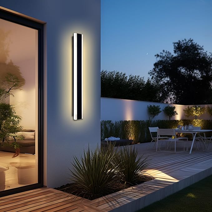 Outdoor Wall Light Fixtures Modern Long LED Wall Sconce Black Exterior Light Fixture Ip65 Waterproof Wall Lamp 25w 3000k Metal Rectangular Wall Lights For Villa Patio,Courtyard,Porch Bedroom,31.5''