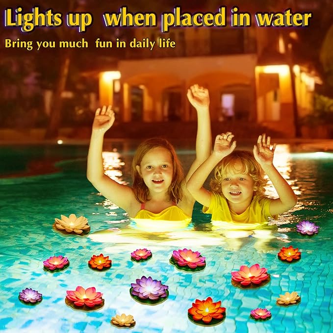 Hortsun 18 Pcs Floating Lotus Lights with Batteries Lily Pads Pool Flowers Floating Candles Decor Artificial Pond Plants Decorations for Pool Pond Outdoor Indoor (Multicolor,3.94/5.91 Inch)