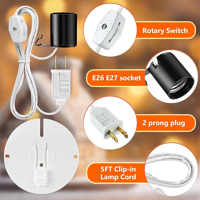 Meonum 6 Set Blow Mold Light Kit Replacement, E27 E26 Single Light Cord Kit with Switch Fuse Plug, for Indoor Outdoor Halloween Christmas Village House Craft Decorations and Salt Lamp