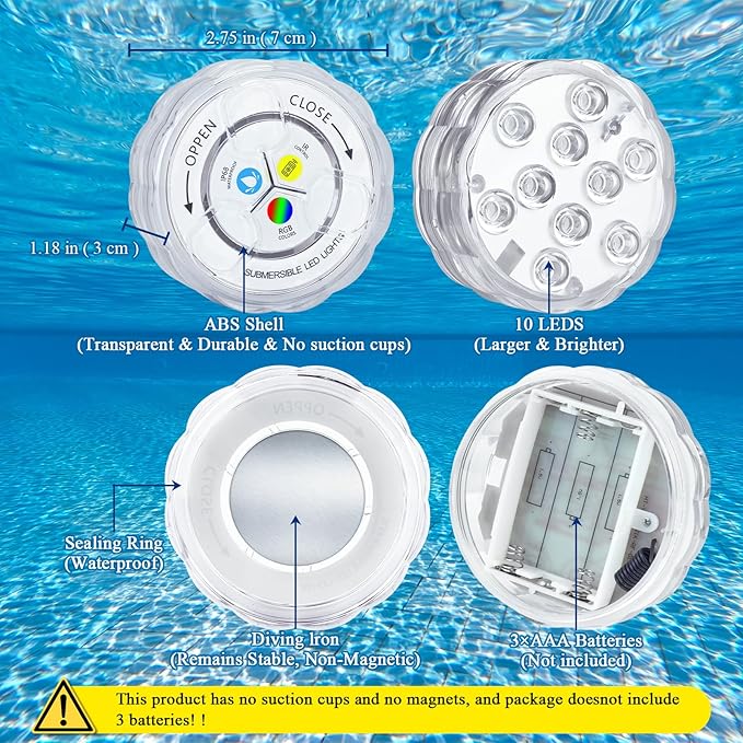 Creatrek Pool Lights with Remote, 10 Color Changing Pool Lights for Above Ground Pools, Battery Operated Submersible LED Lights for Pond, Bathtub, Hot Tub, Party, 2 Pack