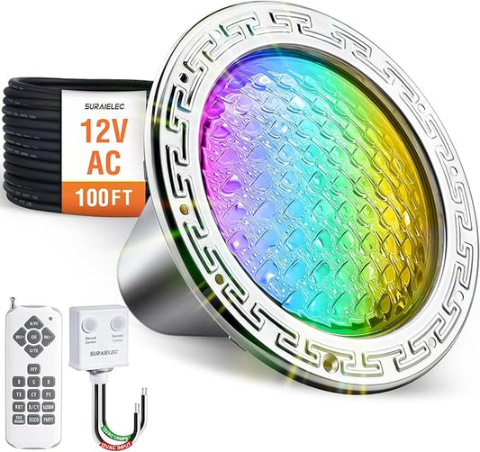 SURAIELEC 10" LED Pool Lights for Inground Pool, 12V AC Waterproof Color-Changing Pool Light with Remote, 300W Equivalent, RGB Colors & Dynamic Effects, Fits Pentair, Hayward, Jandy Niches, 100 Feet