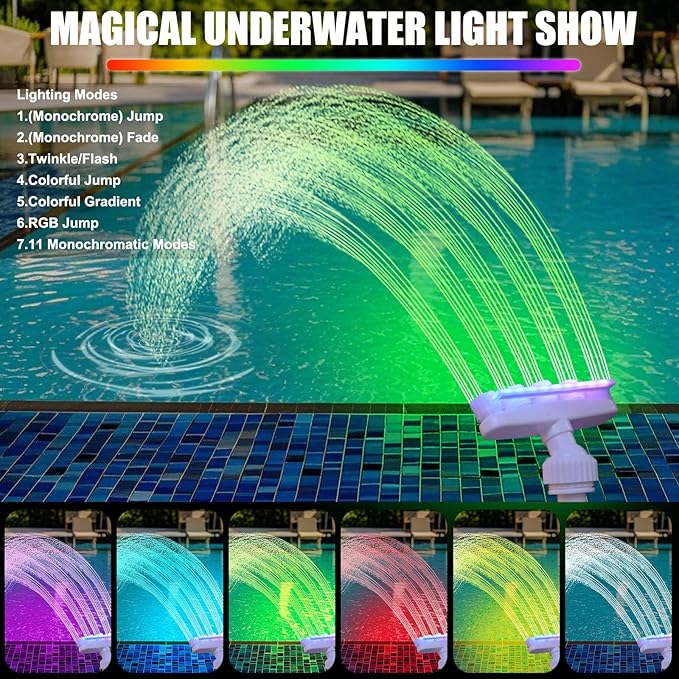2026 Solar Pool Fountain for Above and Inground LED 360° Adjustable Fountain for Swimming Pool Sprayer Waterfall Sprinkler with 7 Color LED Light Fun Waterfall Sprayer for Above Inground