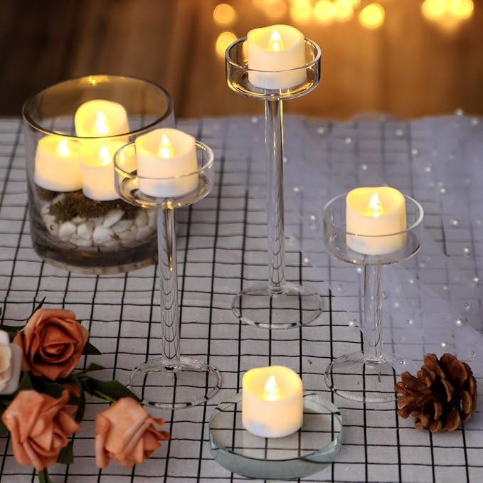 IMAGE Battery Tea Lights with Timer,Flickering Candles 12PCS 6hrs on and 18hrs Off in 24 Hours Cycle Automatically Timing LED Candles Lights with 100 PCS Decorative Fake Rose Petals-Warm White