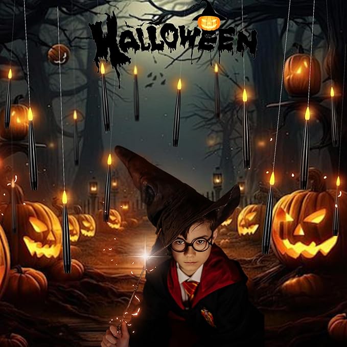 Floating Candles with Wand, Magic Halloween Decorations 10pcs Black Flameless Candles with Remote LED Battery Operated Candle for Halloween Decor Gift 6.1in