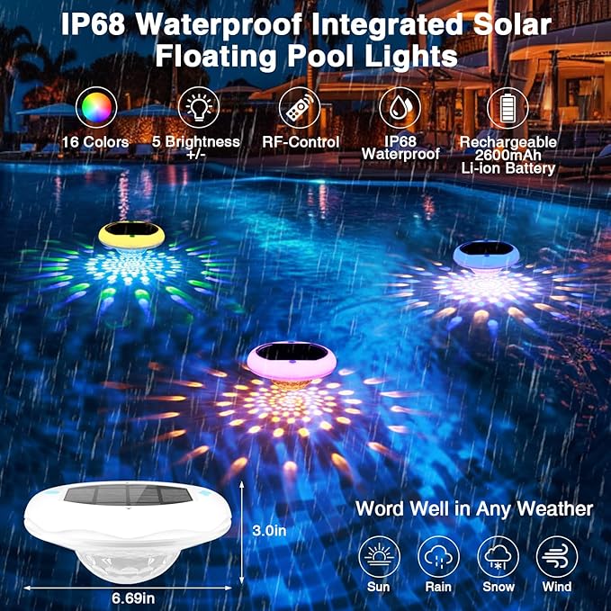 Solar Pool Lights(1 Pack), USB Rechargeable Floating Pool Lights with Remote, 6.69 Inch 2600mAh IP68 Waterproof RGB 6 Dynamic Modes Upper and Lower Glow Hangable Pool Lights that Float