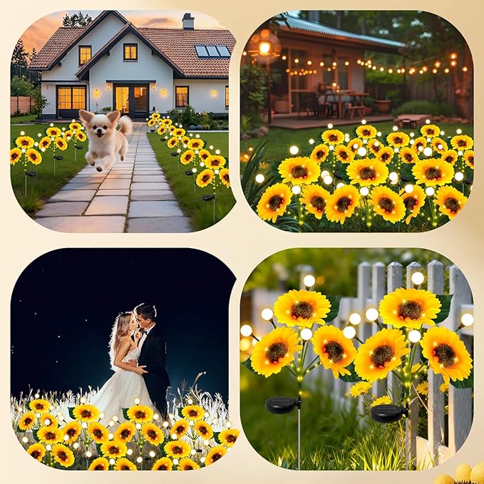 Sunflower Solar Lights Outdoor, 2 Pack Sunflowers with Firefly Lights, Waterproof Solar Flower Lights with 1000mAh Battery for Patio Porch Lawn, Gifts for Mom Women Grandma, Yard Decorations Outdoor