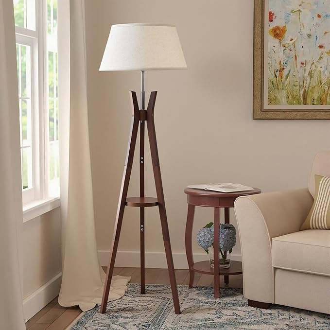 Floor Lamp with Shelf Table, Mid-Century Modern Corner Floor Lamp with Beige Linen Shade, Tall Standing Lamp with Bamboo Tripod Frame, E26 Base for Living Room Bedroom Office
